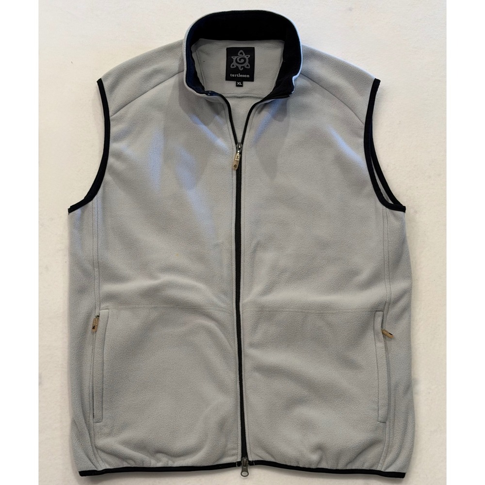 Turtleson Mens XL Gray Full Zip Fleece Vest Mock Neck Sleeveless Jacket Logo